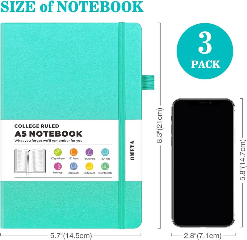 OMEYA Lined Journal Notebook, 3 Pack A5 College Ruled Notebooks for Work, Hardcover Notebook Each with 2 Pockets & Pen, Leather Journal for Women, Men, 160 Pages, 100GSM Thick Paper ( Blue 5.7" x 8.3" ) - Image 5